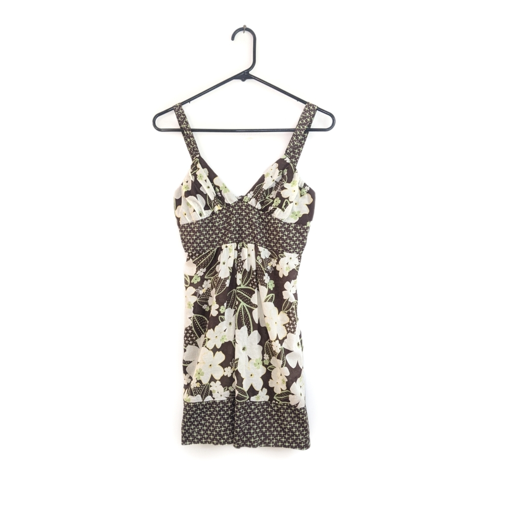 Early 2000s Fairycore Grunge Brown/Green Floral Y2K Babydoll Tunic Tank Top